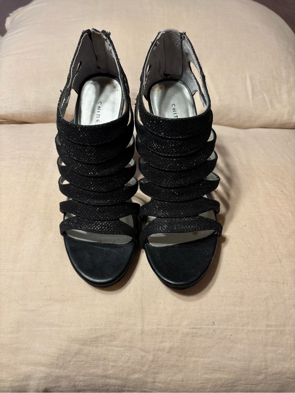 Chinese Laundry Black Strappy Glitter Heels